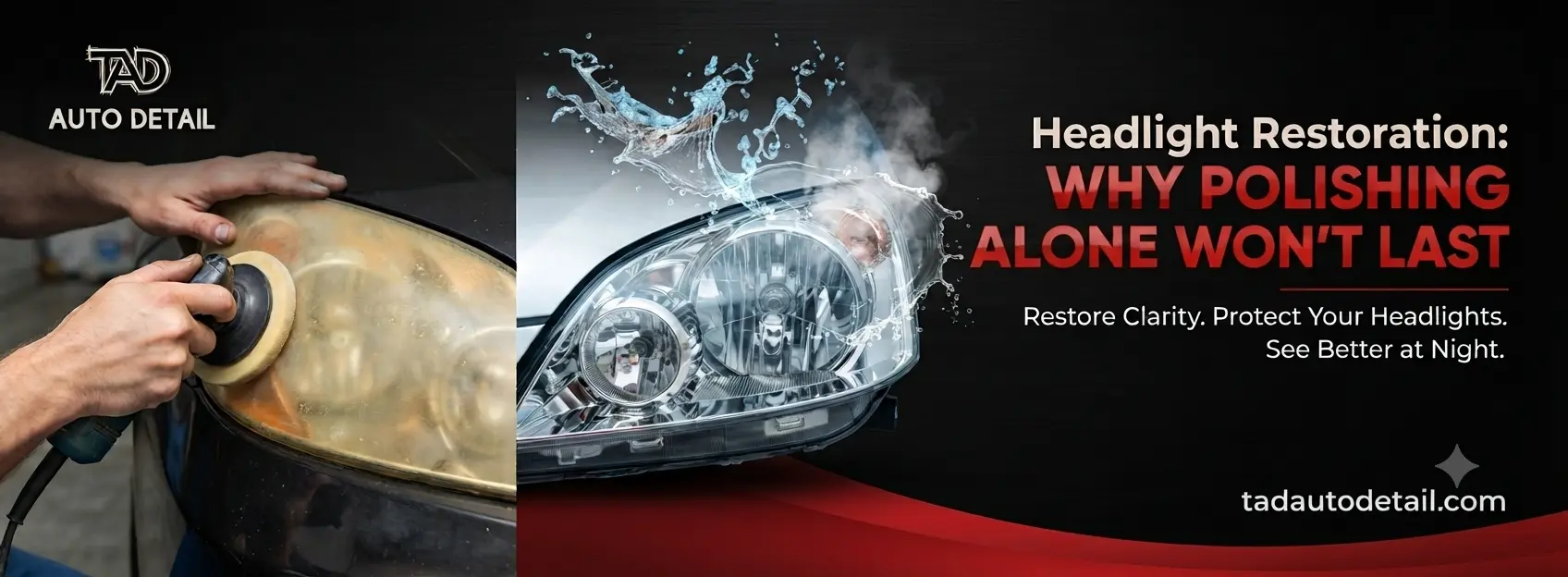 Close-up of a clear, freshly restored car headlight